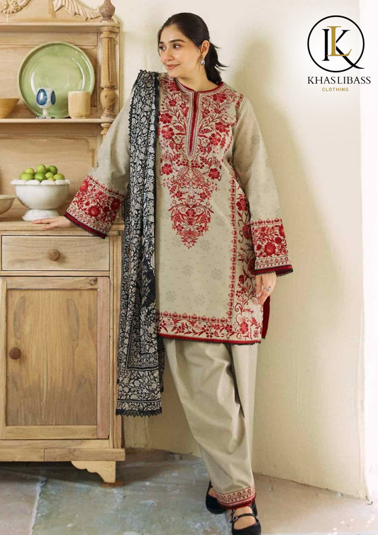 Winter Unstitched 3PCs Embroidered Dhanak Dress With Printed Dhanak Shawl KL-323