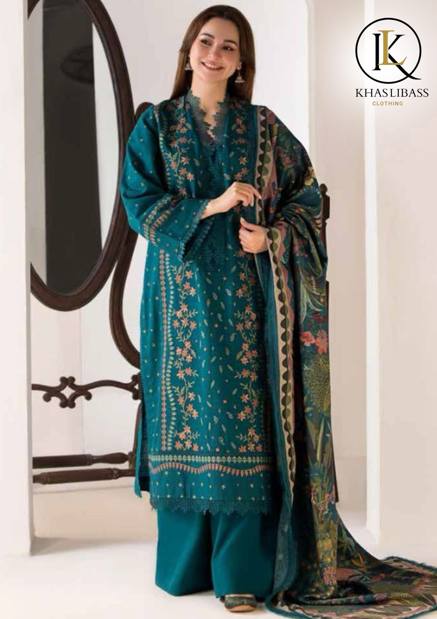 Winter Unstitched 3PCs Embroidered Dhanak Dress With Printed Dhanak Shawl KL-324