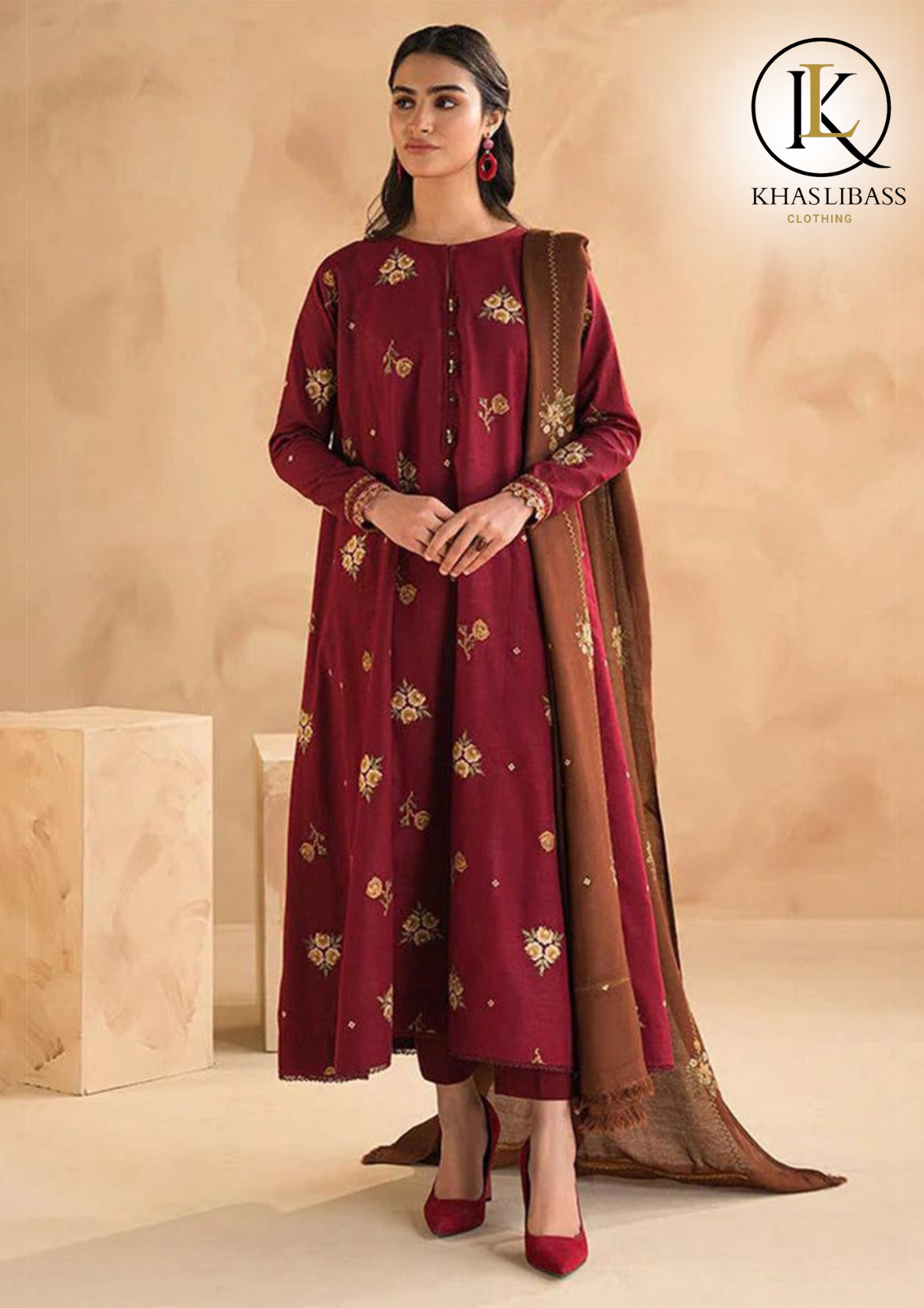 Winter Unstitched 3PCs Wool Dhanak Embroidered Dress With Embroidered Dhanak Shawl KL-333