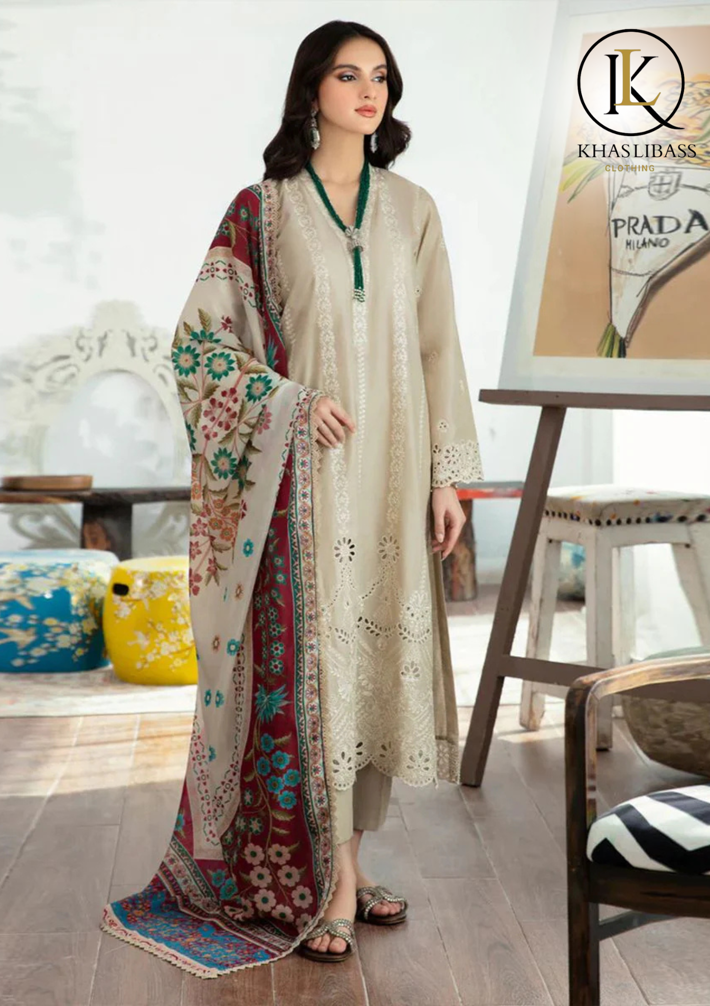 Winter Unstitched 3PCs Embroidered Dhanak Dress With Digital Print Wool Shawl KL-342