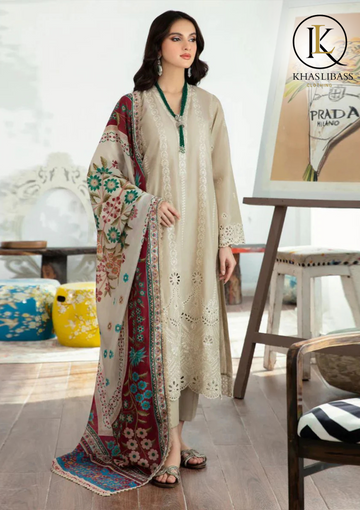 Winter Unstitched 3PCs Embroidered Dhanak Dress With Digital Print Wool Shawl KL-342