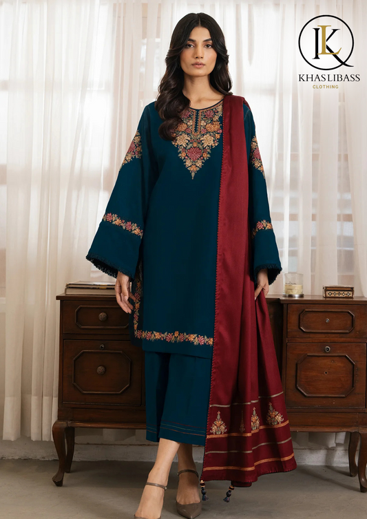 Winter Unstitched 3PCs Embroidered Dhanak Dress With Embroidered Dhanak Shawl KL-350