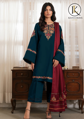 Winter Unstitched 3PCs Embroidered Dhanak Dress With Embroidered Dhanak Shawl KL-350