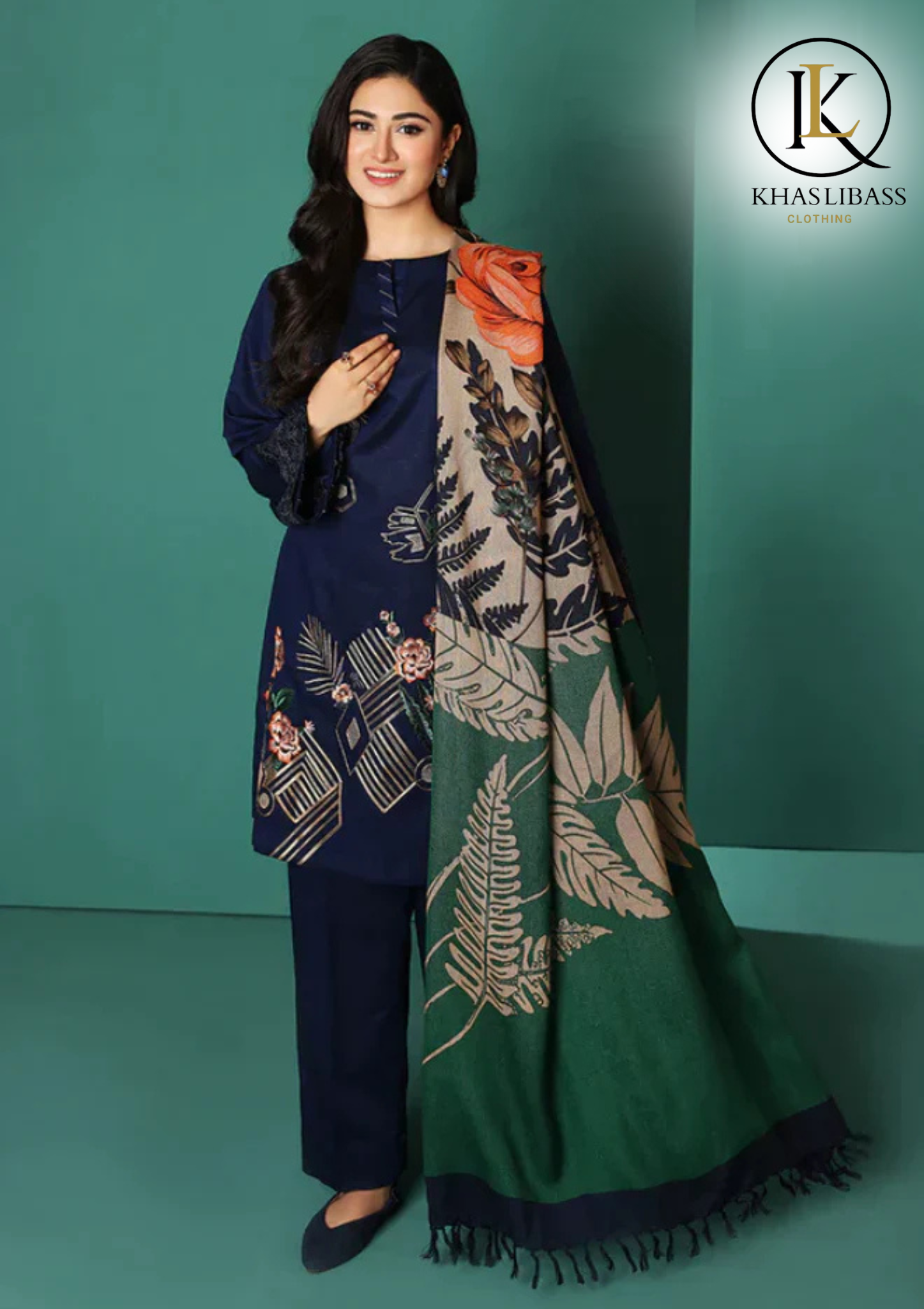 Winter Unstitched 3PCs Embroidered Dhanak Dress With Digital Print Wool Shawl KL-343