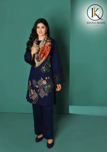 Winter Unstitched 3PCs Embroidered Dhanak Dress With Digital Print Wool Shawl KL-343