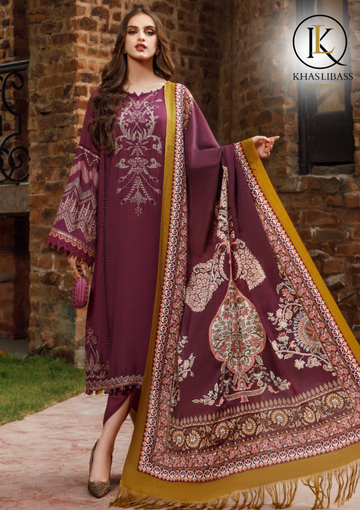 Winter Unstitched 3PCs Embroidered Dhanak Dress With Digital Printed Wool Shawl KL-361