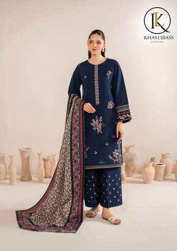 Winter Unstitched 3PCs Embroidered Dhanak Dress With Digital Print Wool Shawl KL-345