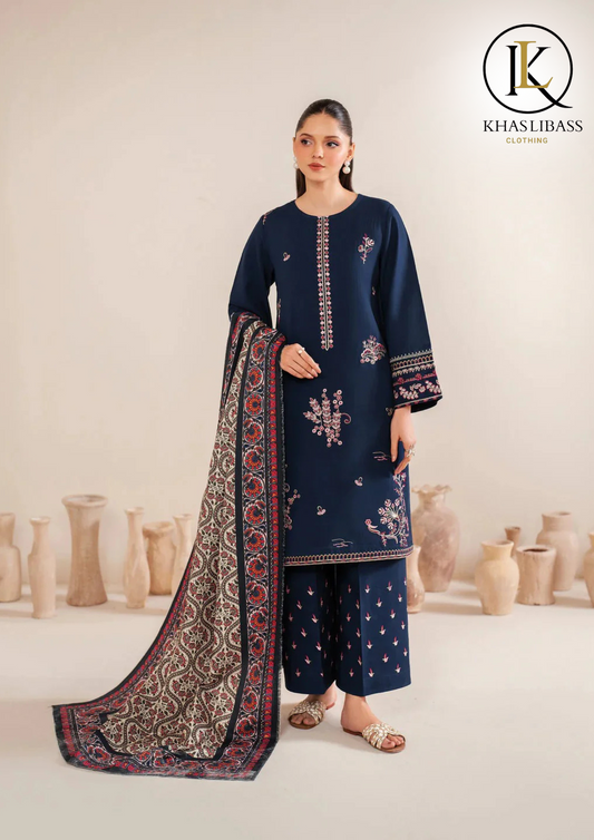 Winter Unstitched 3PCs Embroidered Dhanak Dress With Digital Print Wool Shawl KL-345