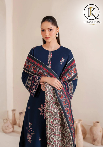 Winter Unstitched 3PCs Embroidered Dhanak Dress With Digital Print Wool Shawl KL-345