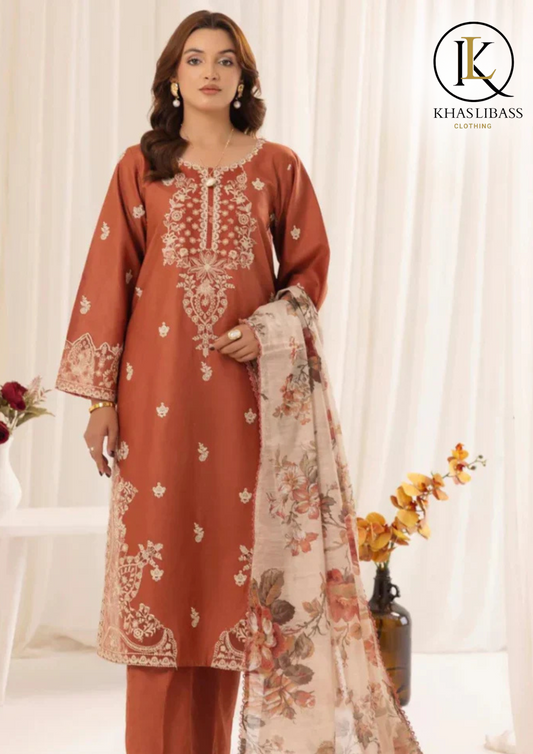 Winter Unstitched 3PCs Embroidered Dhanak Dress With Digital Printed Wool Shawl KL-353