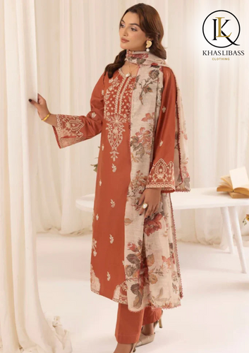 Winter Unstitched 3PCs Embroidered Dhanak Dress With Digital Printed Wool Shawl KL-353