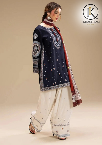Winter Unstitched 3PCs Embroidered Dhanak Dress With Digital Printed Wool Shawl KL-364