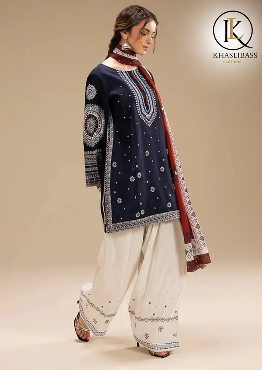 Winter Unstitched 3PCs Embroidered Dhanak Dress With Digital Printed Wool Shawl KL-364
