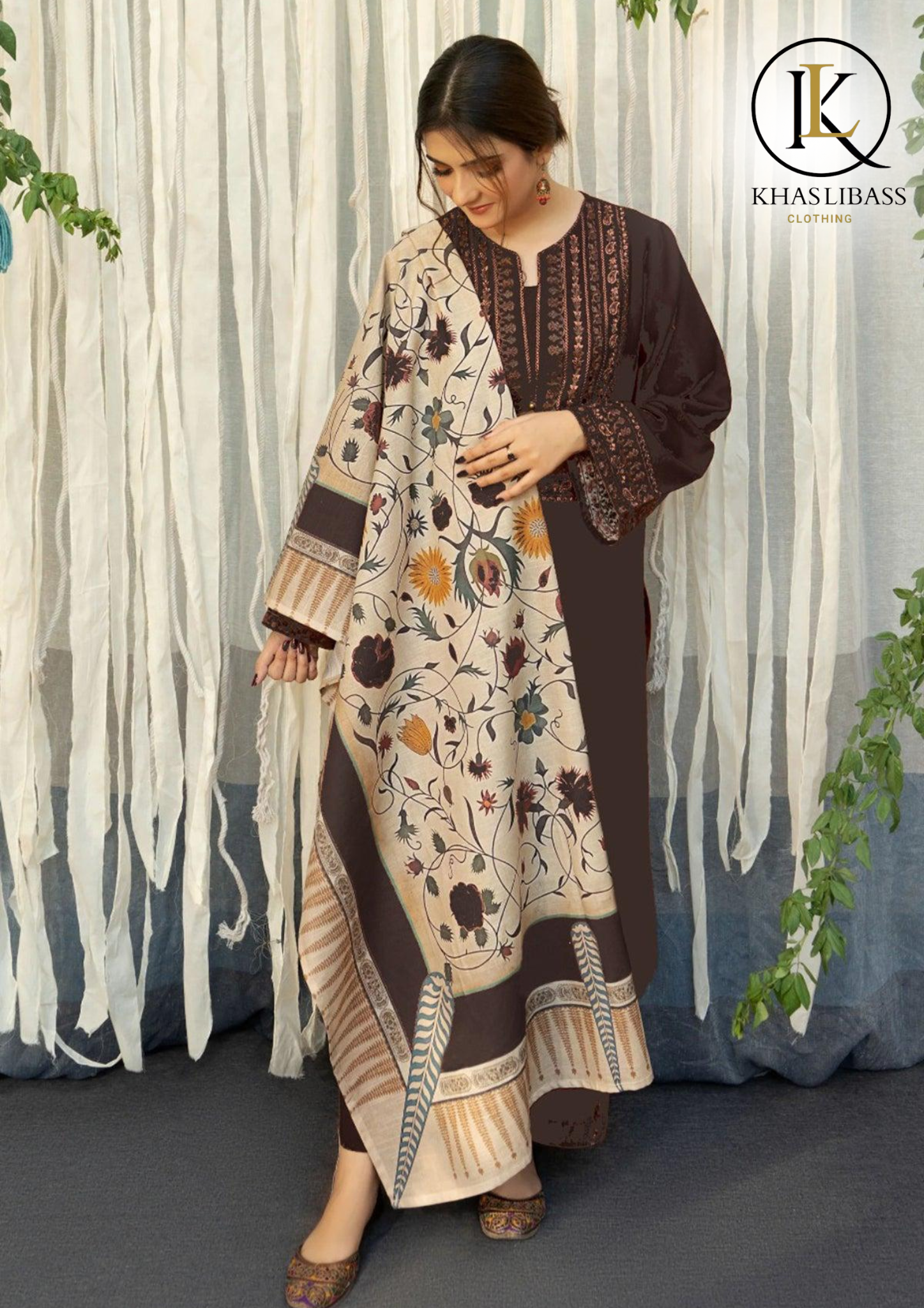 Winter Unstitched 3PCs Embroidered Dhanak Dress With Digital Printed Wool Shawl KL-366