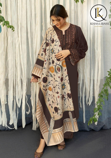 Winter Unstitched 3PCs Embroidered Dhanak Dress With Digital Printed Wool Shawl KL-366