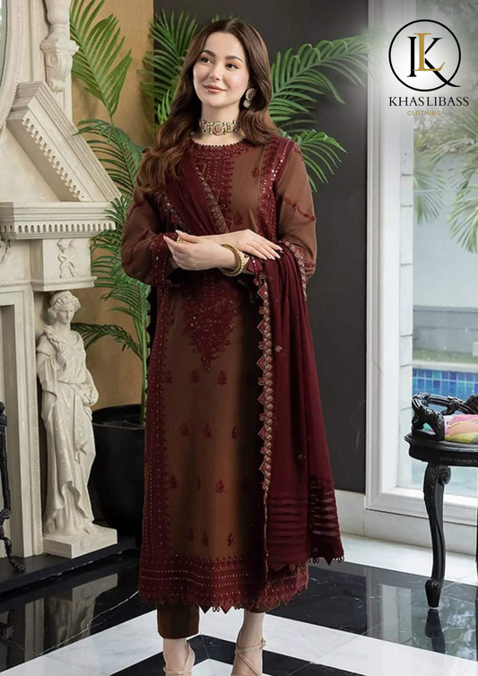 Winter Unstitched 3PCs Embroidered Dhanak Dress With Dhanak Embroidered Shawl KL-348