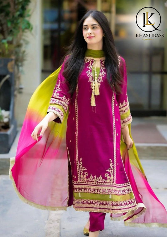 Summer Unstitched 3PC Lawn Embroidered Shirt With Bamber Dyed Dupatta KL-249