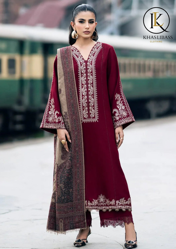 Winter Unstitched 3PCs Embroidered Dhanak Dress With Digital Print Wool Shawl KL-338