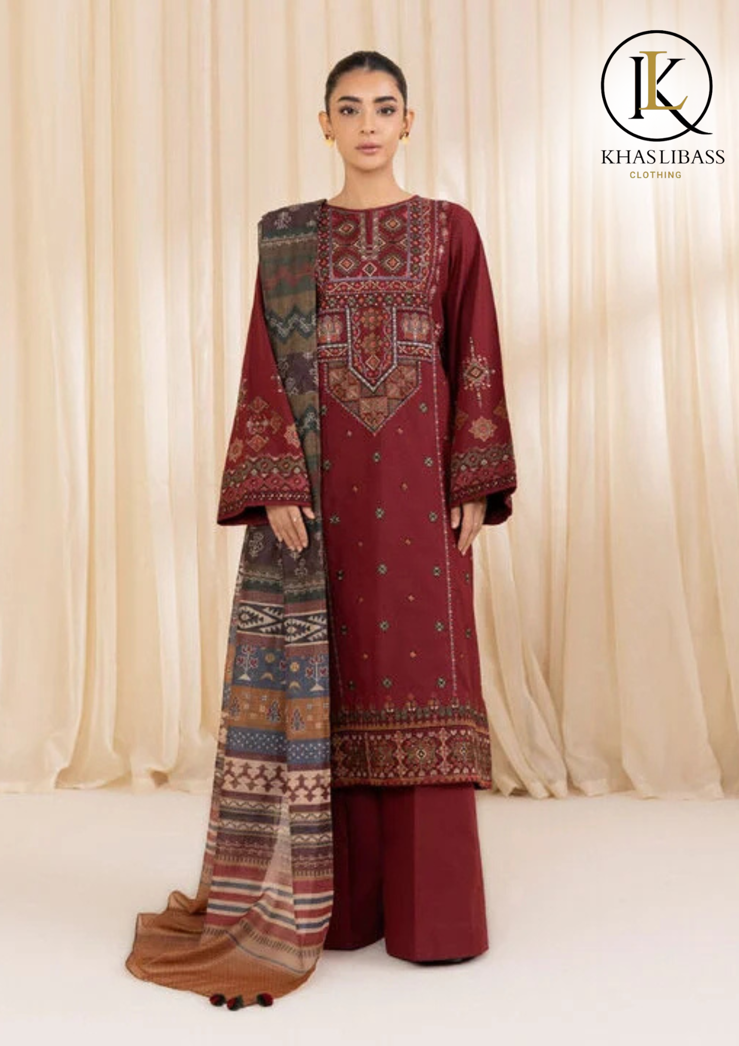 Winter Unstitched 3PCs Embroidered Dhanak Dress With Dhanak Embroidered Shawl KL-339