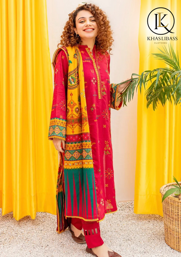 Winter Unstitched 3PCs Embroidered Dhanak Dress With Digital Print Wool Shawl KL-341