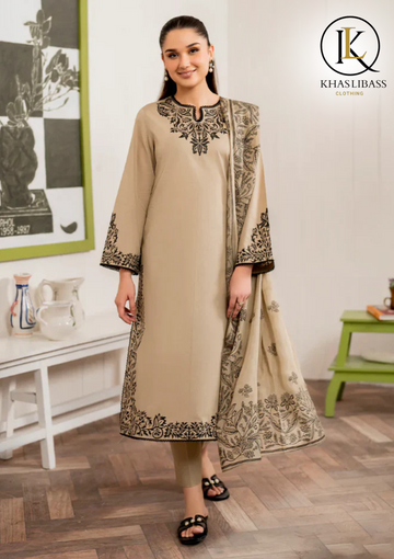 Winter Unstitched 3PCs Embroidered Dhanak Dress With Digital Printed Wool Shawl KL-357