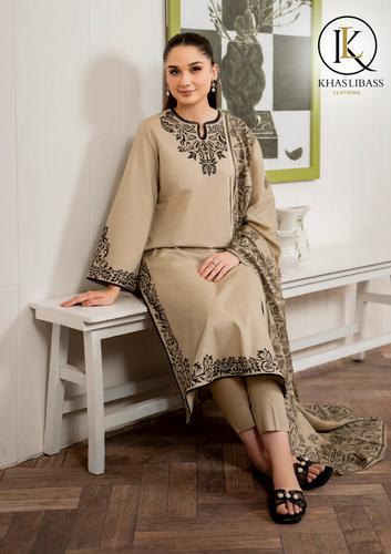 Winter Unstitched 3PCs Embroidered Dhanak Dress With Digital Printed Wool Shawl KL-357