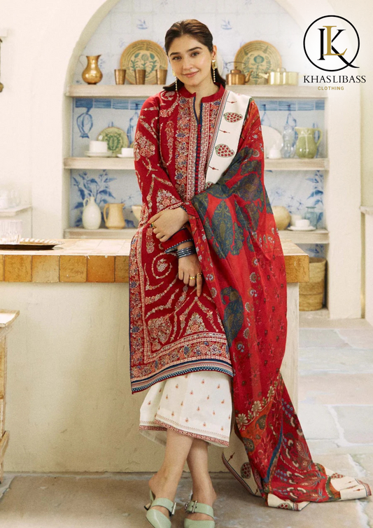 Winter Unstitched 3PCs Embroidered Dhanak Dress With Digital Printed Wool Shawl KL-358