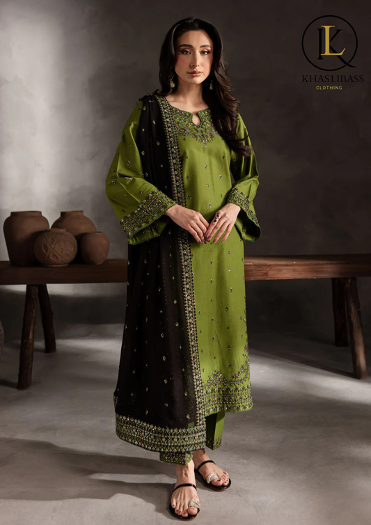Winter Unstitched 3PCs Embroidered Dhanak Dress With Dhanak Embroidered Shawl KL-422