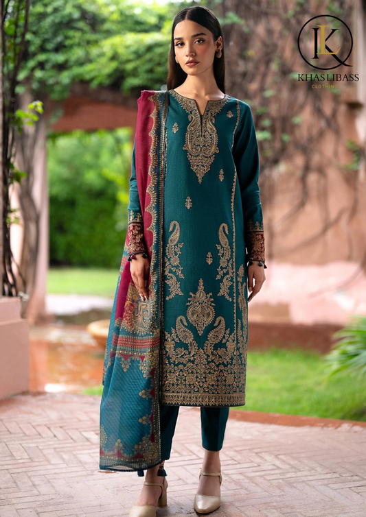 Winter Unstitched 3PCs Embroidered Dhanak Dress With Wool Printed Shawl KL-441
