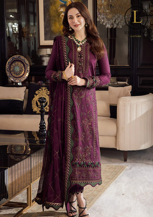 Winter Unstitched 3PCs Embroidered Dhanak Dress With Digital Printed Wool Shawl KL-442